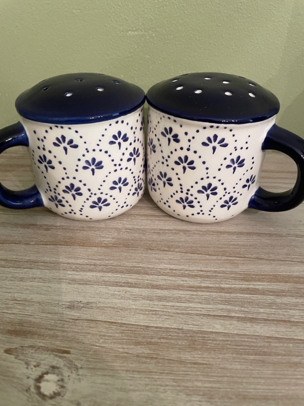 Blue and White Ceramic Salt and Pepper Shaker Mug Set